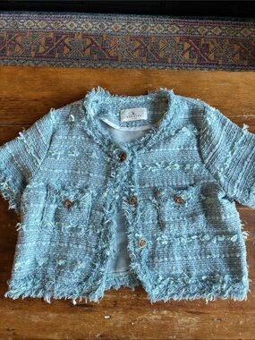 Sharuru Korean Blue Tweed Cropped Jacket Gold Buttons with Short Sleeves